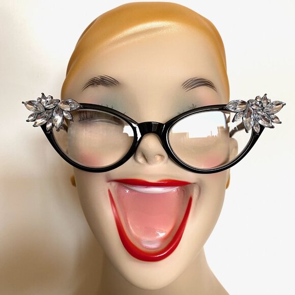 Retro Readers black frames with Clear Crystal rhinestones +2.25 reading glasses main image 5